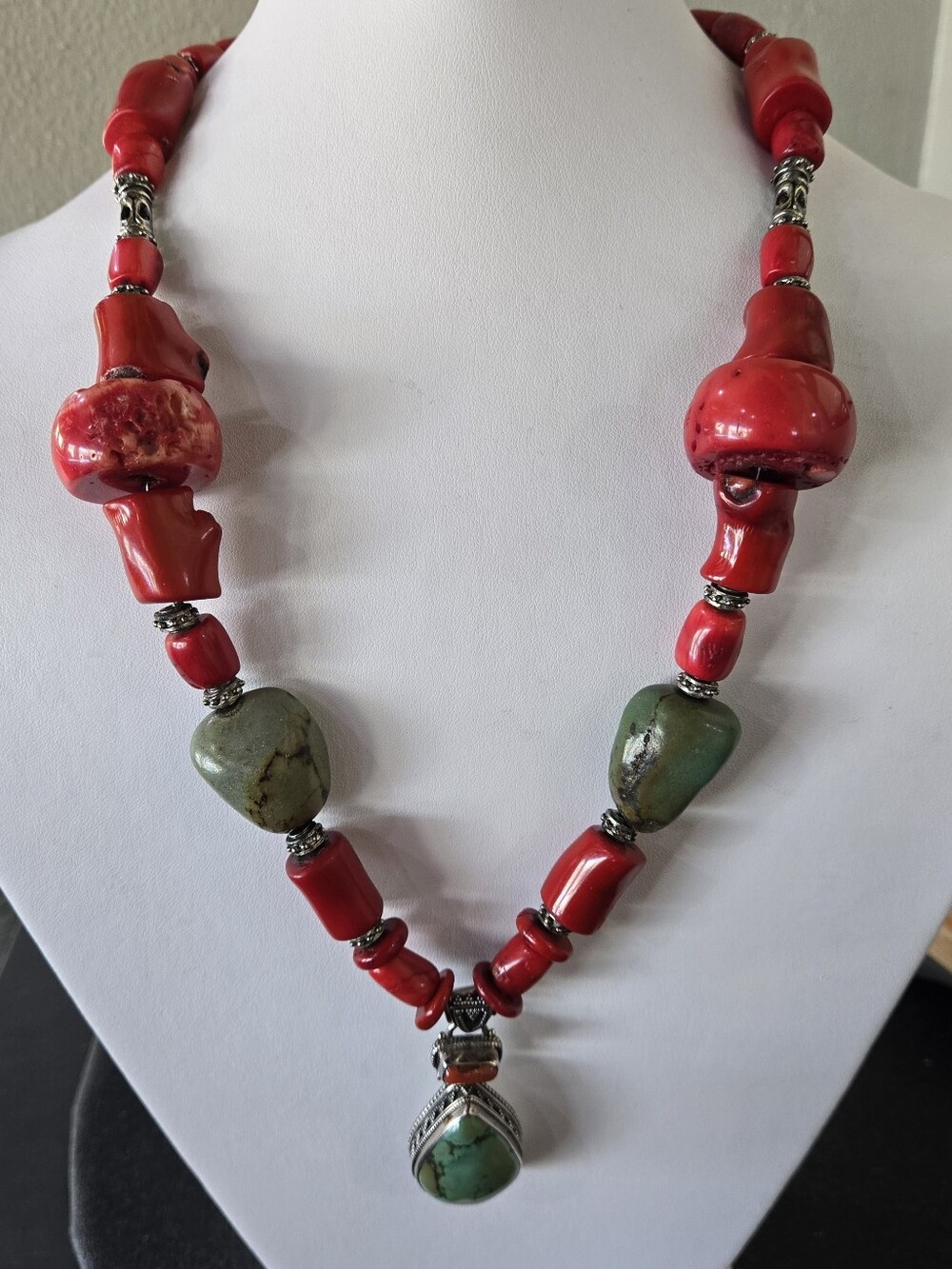 Handmade Red Coral & Turquoise Pendant Necklace